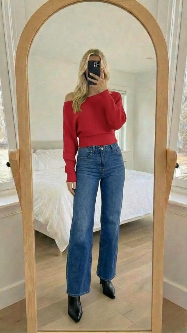 THIS OFF-SHOULDER RED SWEATER IS THE VALENTINE'S DAY OUTFIT YOU NEED! 💋❤️OMG I am OBSESSED with this red off-shoulder sweater and I need everyone to know about it immediately! If you're looking for Valentine's Day outfit ideas, date night looks, Galentine's brunch outfits, or just a flirty casual outfit that makes you feel confident and cute, you absolutely NEED this sweater in your life! I've gotten so many compliments every single time I wear it!THE SWEATER: Let's talk about how PERFECT this is! The off-shoulder style is so flattering and feminine without being over-the-top. It stays in place beautifully (no awkward pulling or adjusting all day!), and the neckline sits perfectly on your shoulders creating such a gorgeous silhouette. The way it drapes is just chef's kiss 💋The ribbed knit texture is everything! It's thick and substantial (not see-through at all), has beautiful dimension, and the horizontal ribbing is so flattering - it creates visual interest without adding bulk. The cropped length is IDEAL - it hits right at your natural waist which is the most flattering spot and pairs perfectly with high-waisted bottoms!The dolman/batwing sleeves are SO trendy right now and add such a cool, relaxed vibe! They're fitted at the wrists with ribbed cuffs which creates this beautiful balloon effect that's both comfortable and stylish. The slouchy fit through the body is incredibly flattering and so comfortable - you can move freely without feeling restricted!THE COLOR: This vibrant cherry red is absolutely STUNNING! 😍 It's bold, it's confident, it's romantic, and it's SO flattering on every skin tone! Red is having a major moment right now and this shade is perfection - not too orange, not too pink, just that perfect true red that makes you feel amazing! Red sweater outfits are everywhere for a reason - they just work!THESE JEANS: Can we appreciate how perfect these medium-wash straight leg jeans are?! The fit is absolutely incredible - high-waisted (sits right at your natural waist), flattering through the hips and thighs, and the straight leg cut is so on-trend 

 

#LTKgrwm #LTKmomlife #LTKstorytime