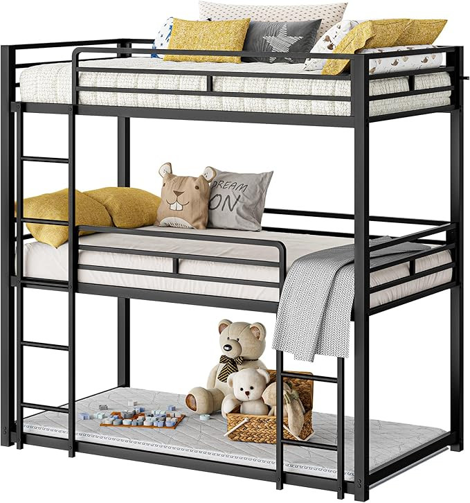 LIKIMIO Bunk Bed, Triple Bunk beds Twin Over Twin Over Twin with 2 Ladders, Metal Frame with Guar... | Amazon (US)