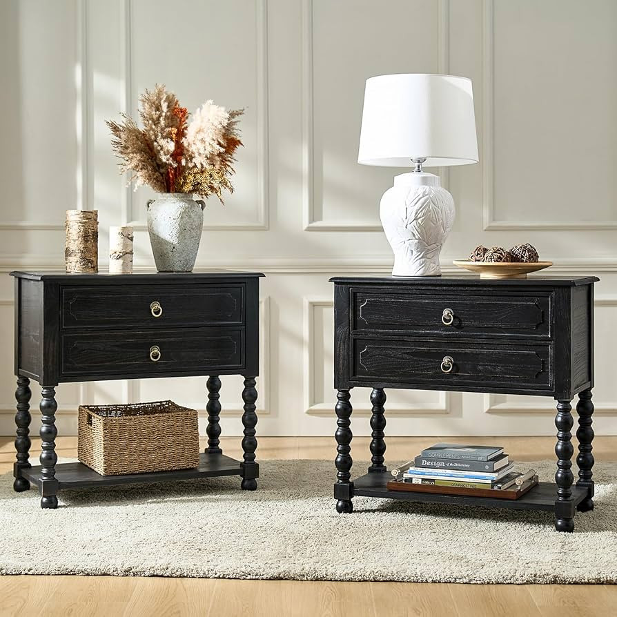 HULALA HOME Farmhouse Storage End Table Set of 2 with 2 Drawers and Open Shelf, Solid Wood Side T... | Amazon (US)