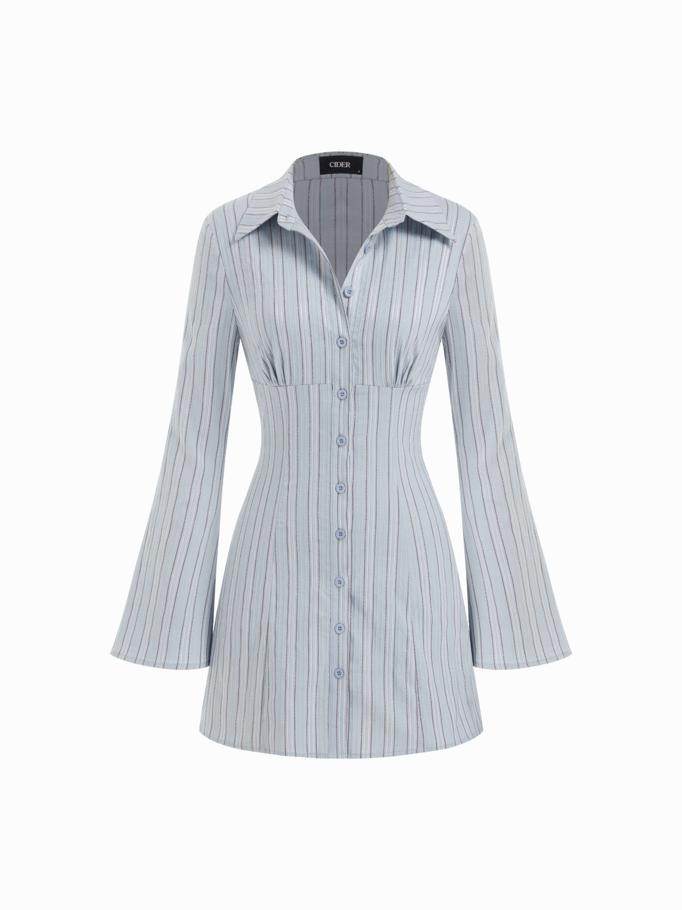 Woven Cotton-blend Striped Lace Up Bell Sleeve Shirt Mini Dress For Daily Casual Work | Cider