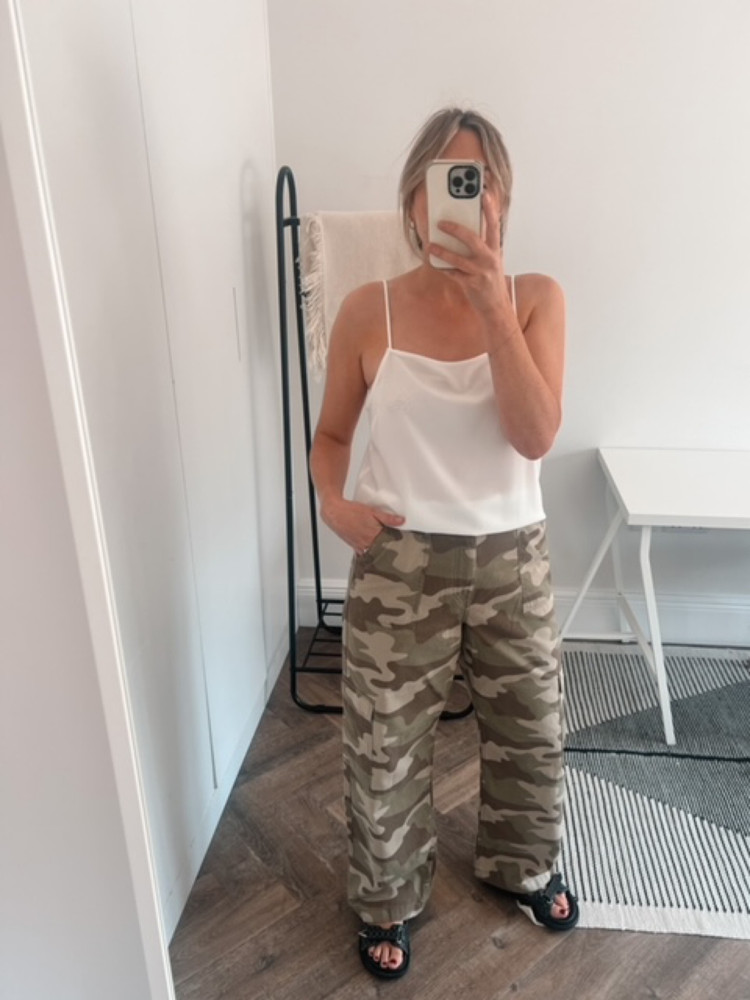 White cami, satin cami, white top, layer top, wide leg trousers, camo trousers, khaki trousers, black sandals, Velcro sandals, dad sandals, Karen Millen, River Island, Levi’s, Hollister, Schuh

#LTKstyletip #LTKSeasonal #LTKeurope