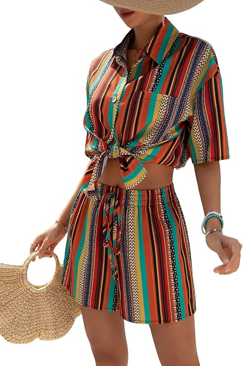 Verdusa Women's 2 Piece Outfit Striped Short Sleeve Loose Shirt and Shorts Sets | Amazon (US)