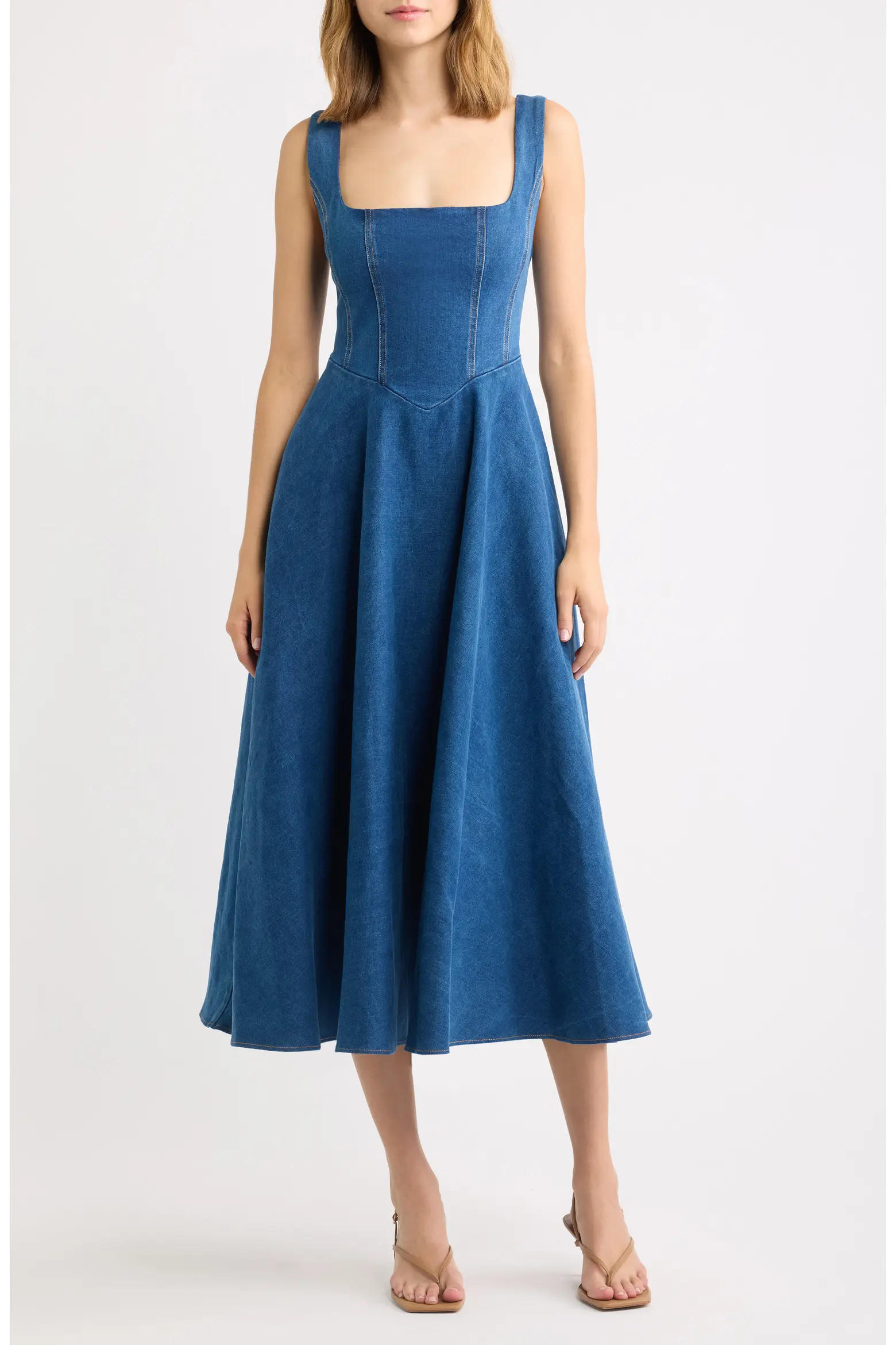 Odd Muse Square Neck Cotton Blend Denim Midi Dress (Women) | Nordstrom | Nordstrom