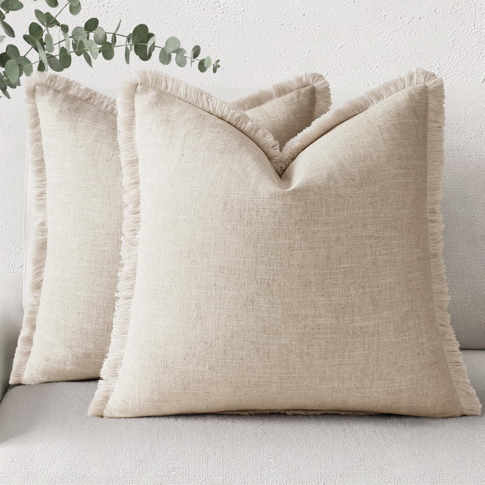 decorUhome Summer Decorative Neutral Linen Fringe Throw Pillow Covers Set of 2 Natural Beige Pill... | Amazon (US)