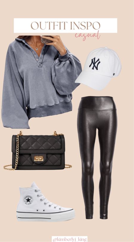 Casual outfit idea, fall transitional outfit, leather leggings, black leggings outfit, white sneakers, casual pullover 

#LTKstyletip #LTKunder50 #LTKshoecrush