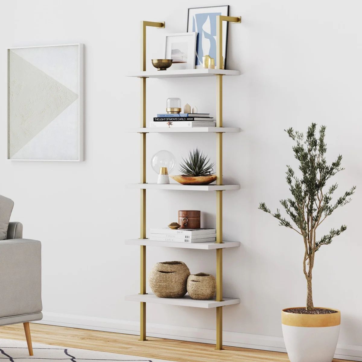 Theo Industrial 5-Shelf Gold Ladder Bookcase with White Open Shelves and Brass Metal Frame | Nath... | Nathan James