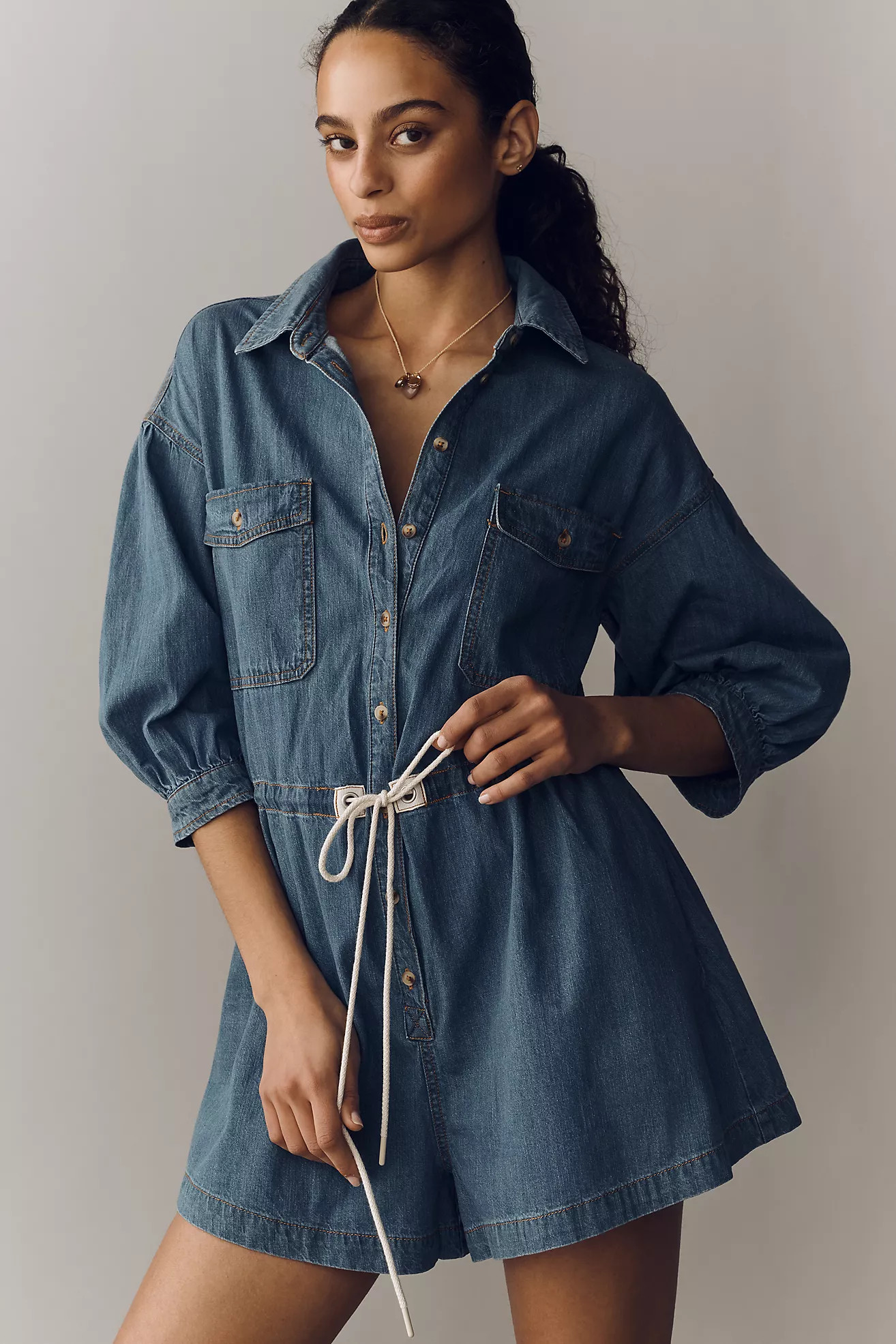 Pilcro Cotton Washed Denim Drawstring Romper | Anthropologie (US)