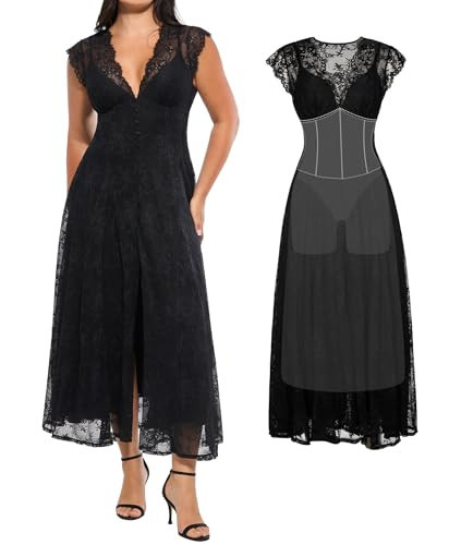 Popilush Formal Cocktail Dresses for Women Lace Sleeveless V Neck Maxi Shapewear Dress Wedding Guest Mother of Bride Split Dress Black | Amazon (US)