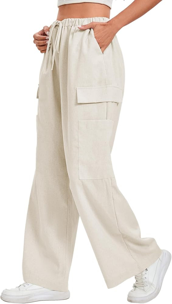 Famulily Women Wide Leg Linen Pants for Summer Drawstring High Waist Solid Casual Cargo Trousers ... | Amazon (CA)