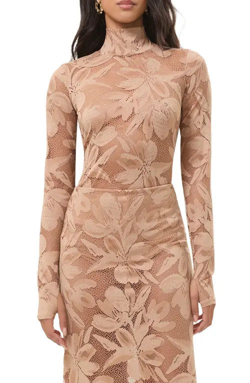AFRM Zadie Sheer Floral Lace Turtleneck Top in Almond at Nordstrom, Size X-Large | Nordstrom
