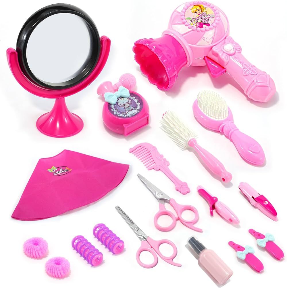 Hair Salon Toys,Pretend Play Hair Styling Set for Girls, 18 Pcs Barber Kits with Hairdryer Scisso... | Amazon (US)