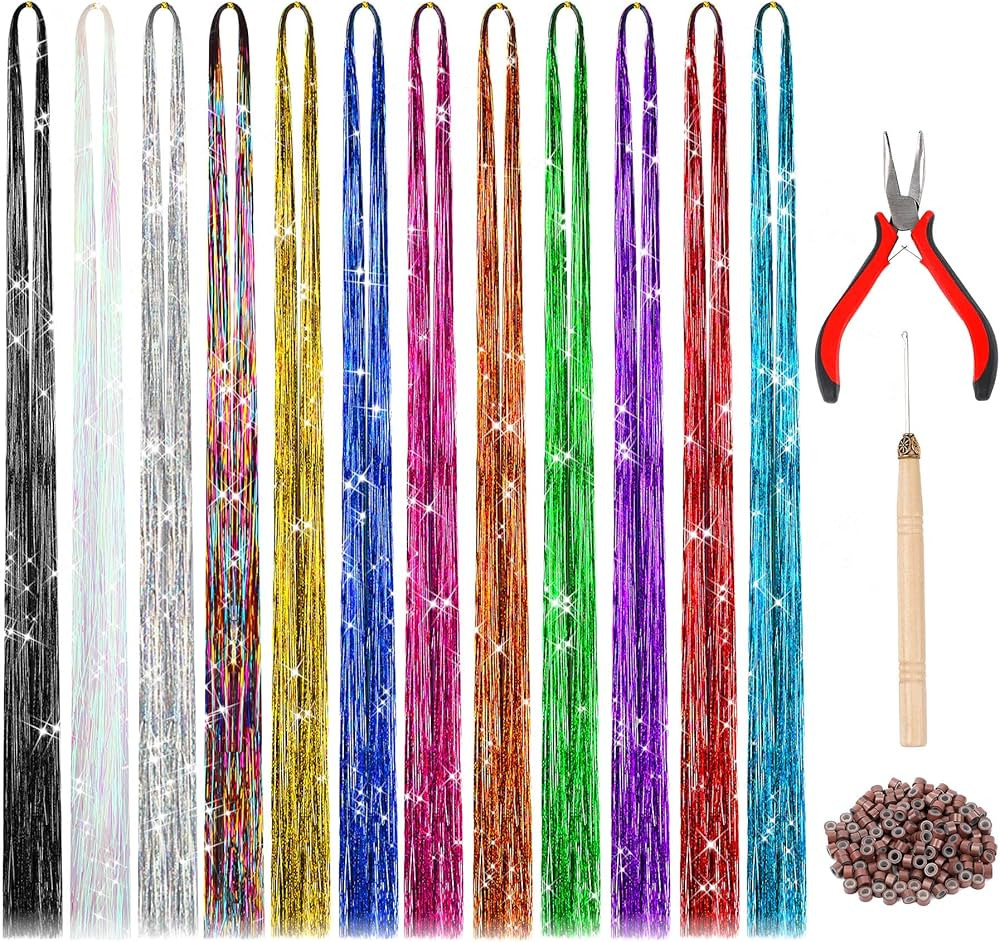 47 Inches Tinsel Hair Extension with Tool 12 Colors 2400 Strands Hair Extension Tinsel Kit Glitte... | Amazon (US)