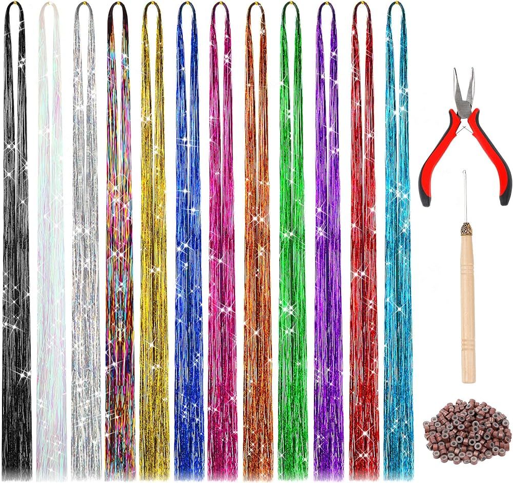 47 Inches Tinsel Hair Extension with Tool 12 Colors 2400 Strands Hair Extension Tinsel Kit Glitte... | Amazon (US)