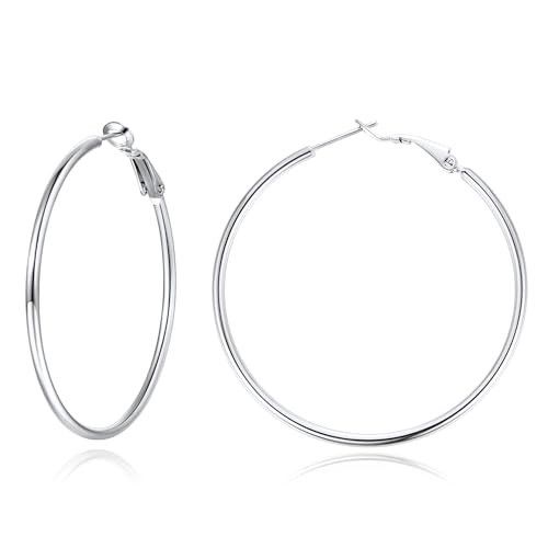 Jewlpire Medium Silver Hoop Earrings for Women, Lightweight 925 Sterling Silver Hoop Earrings, Thin Silver Earrings for Women Trendy 40mm | Amazon (US)