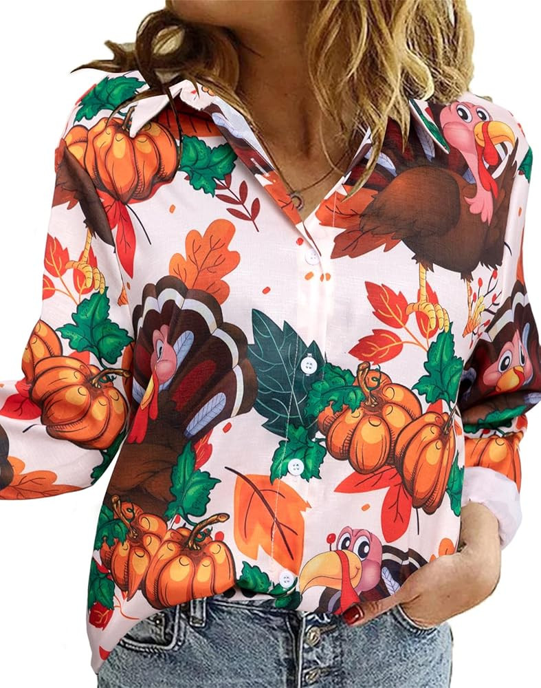 Thanksgiving Shirt Women Turkey Shirts Thanksgiving Pumpkin Long Sleeve Button Down Blouse Thankf... | Amazon (US)