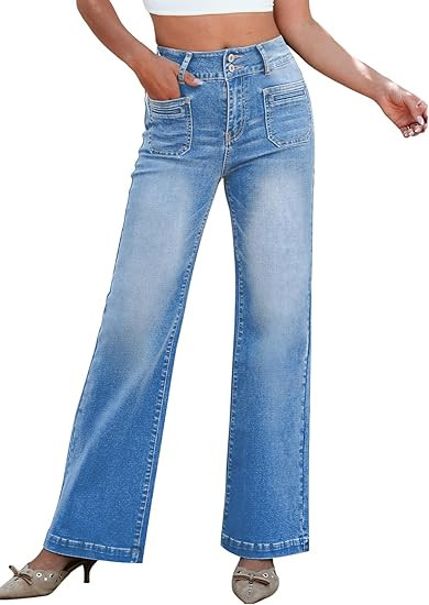 Sidefeel Women's Wide Leg Jeans High Waisted Tummy Control Stretchy Pockets Front Zimbaplatinum J... | Amazon (US)