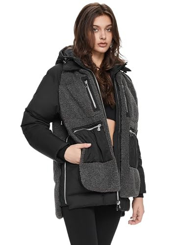 Orolay Women's Sherpa Jacket Thickened Puffer Down Coat Fuzzy Fleece Jacket Caviar M | Amazon (US)