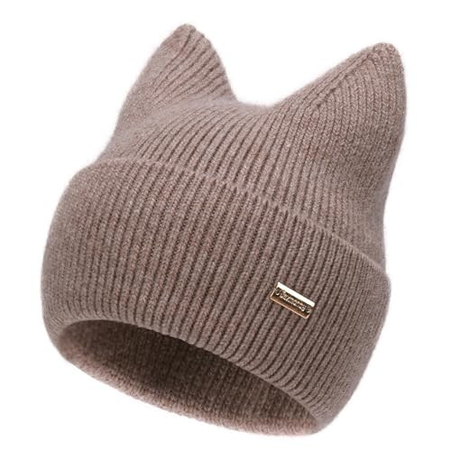 jaxmonoy Winter Cute Cat Ear Knitted Beanie Hats for Women and Men Soft Warm Knit hat Ladies Skull Beanies Cap - Brown | Amazon (US)