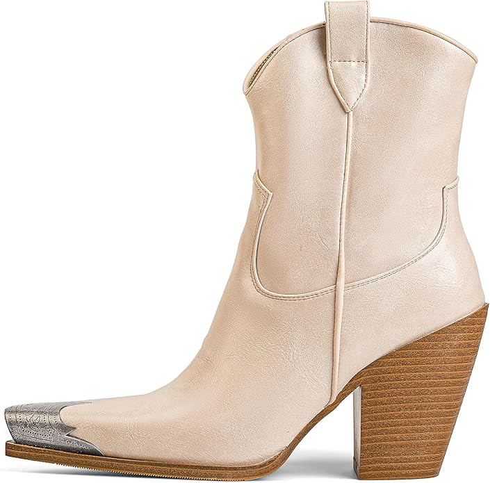 Arqa Women's Western Boots Etched Metal Toe Cowgirl Booties Stacked Block Heel Ankle Boots Side Z... | Amazon (US)