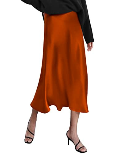 Zeagoo High Waisted Skirts for Women Satin Fall Skirt Elegant Silk Skirts Work Brown | Amazon (US)
