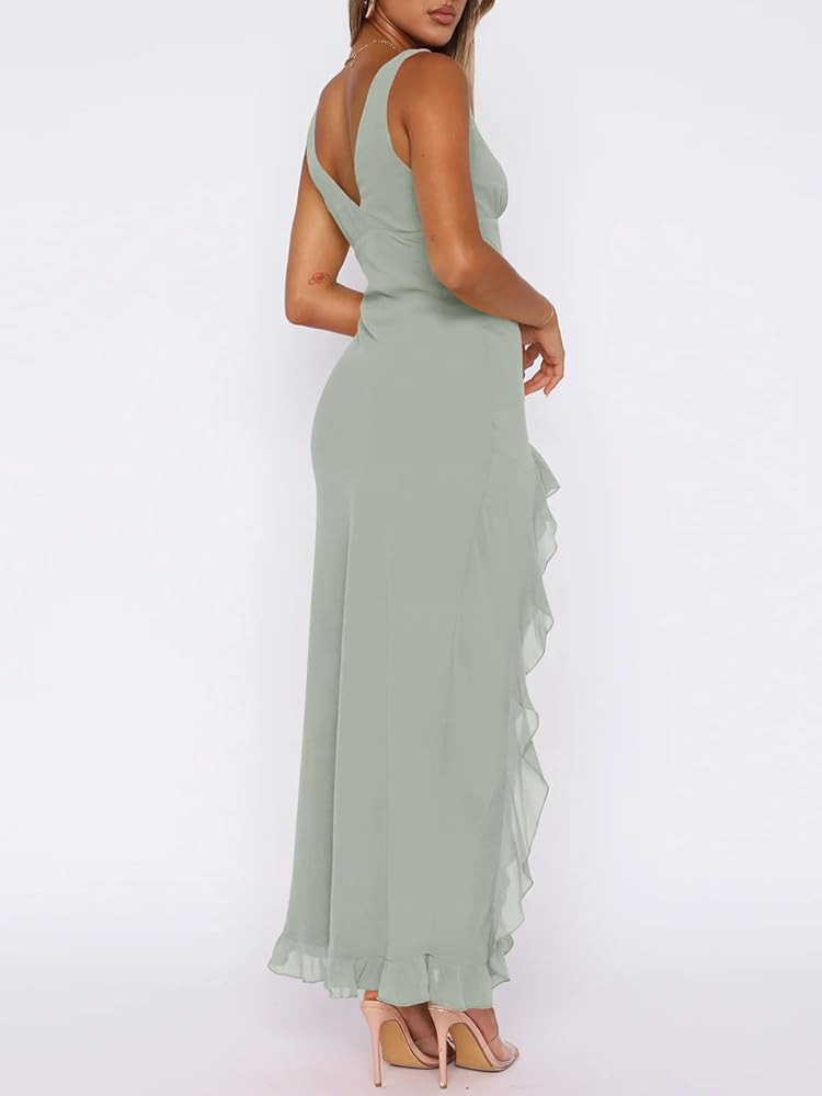 Women Sexy V Neck Sleeveless Mesh Ruffle Hem Bodycon Maxi Casual Backless High Slit Cocktail Part... | Amazon (US)