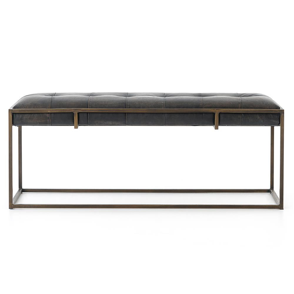 Ulysses Industrial Lodge Tufted Dark Brown Leather Antique Brass Bench | Kathy Kuo Home
