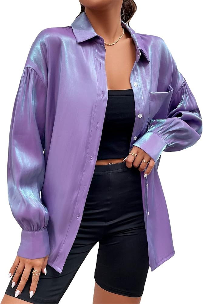 MakeMeChic Women's Oversized Satin Silk Long Sleeve Metallic Button Down Shirt Blouse | Amazon (US)