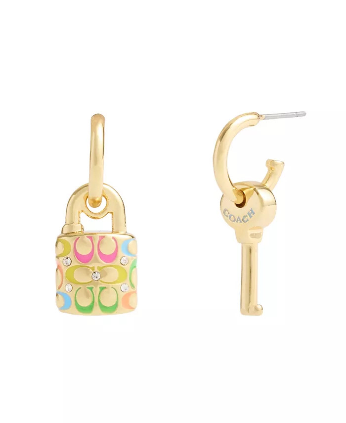 Faux Stone Signature Rainbow Quilted Lock Key Charm Huggies | Macy's