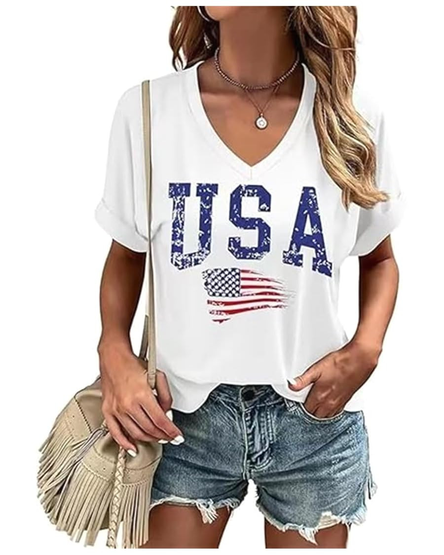 USA Flag V-Neck Shirt Women Star and Stripes Graphic Tops Red White and Blue Short Sleeve Tee Sum... | Amazon (US)