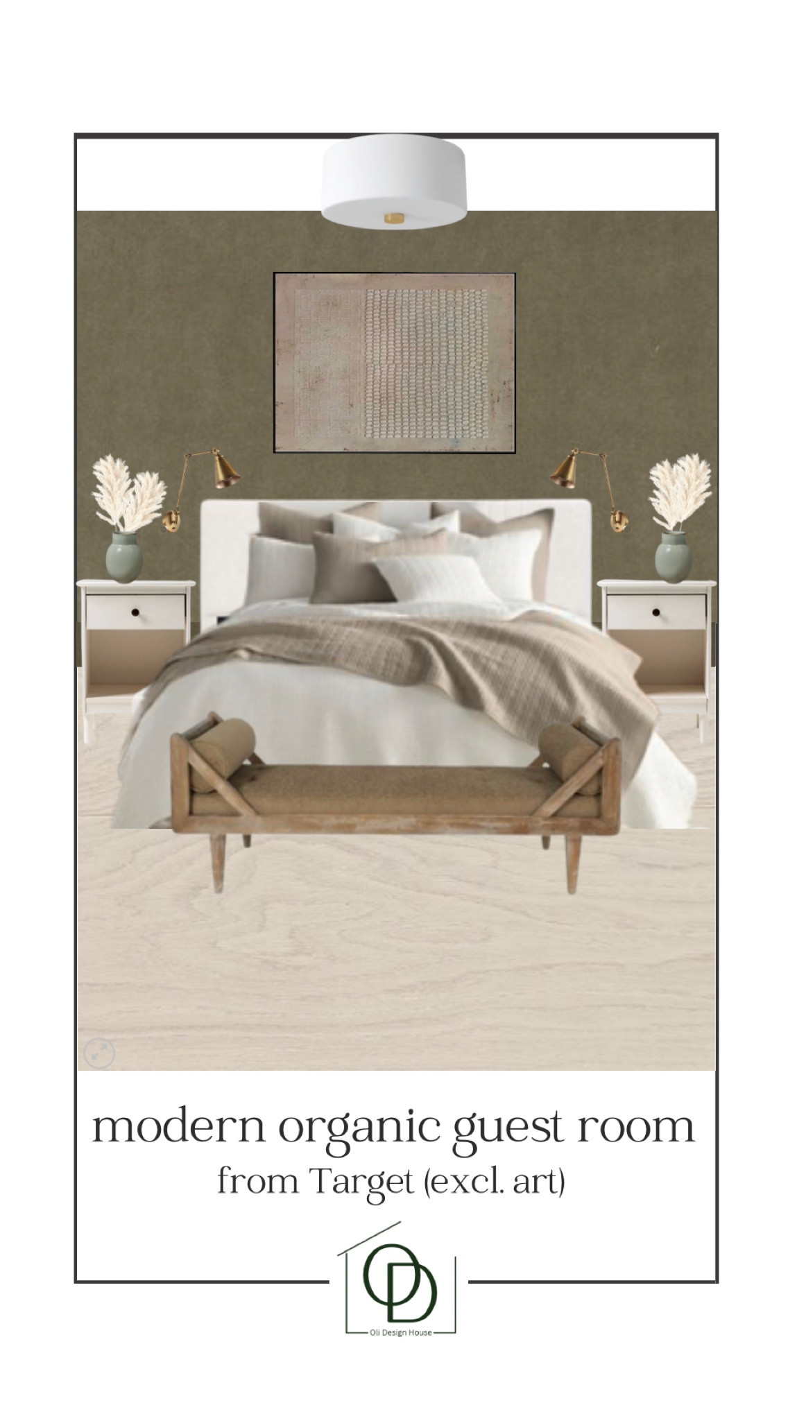 Modern organic guest bedroom design board with items from Target (excluding the art, it’s from Etsy)

Channel tufted white bed, taupe waffle blanket, white waffle coverlet, green vase, white pampas leaves, rustic chaise lounge, brown settee, brass swing arm sconce, white nightstand with 1 drawer, wabi sabi textured art, white drum ceiling light

#LTKhome #LTKFind #LTKstyletip