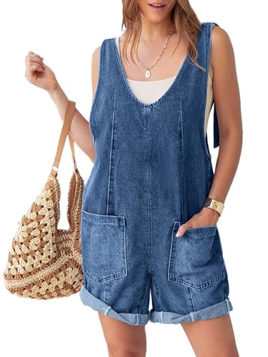 Glamaker Womens Casual Sleeveless V Neck Denim Romper Overall Shorts Summer Jean Romper Denim Outfit With Pocket(Dark Denim Blue M) | Amazon (US)