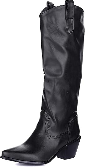 depdream Women Cowgirl Mid Calf Boots Chunky Heel Pointy Toe Tabs Western Cuban Cowboy Winter Sho... | Amazon (US)