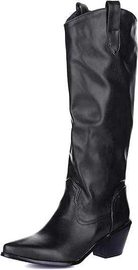 depdream Women Cowgirl Mid Calf Boots Chunky Heel Pointy Toe Tabs Western Cuban Cowboy Winter Sho... | Amazon (US)