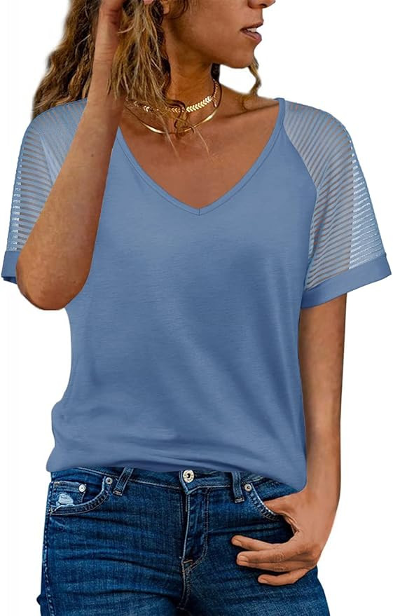 WEESO Casual V Neck T Shirts for Women Mesh Short Sleeve Dressy Tops | Amazon (US)