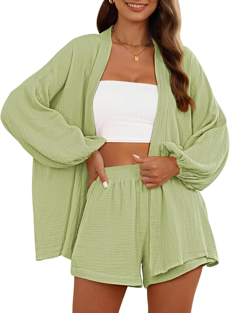 Pink Queen Women's 2 Piece Tracksuit Outfit Long Sleeve Belted Kimono Blouse High Waisted Shorts ... | Amazon (US)