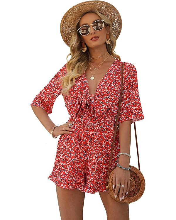 AIMCOO Women's Half Sleeve Tie Knot Front Romper Floral Print Deep V Neck Sexy Jumpsuit High Elas... | Amazon (US)