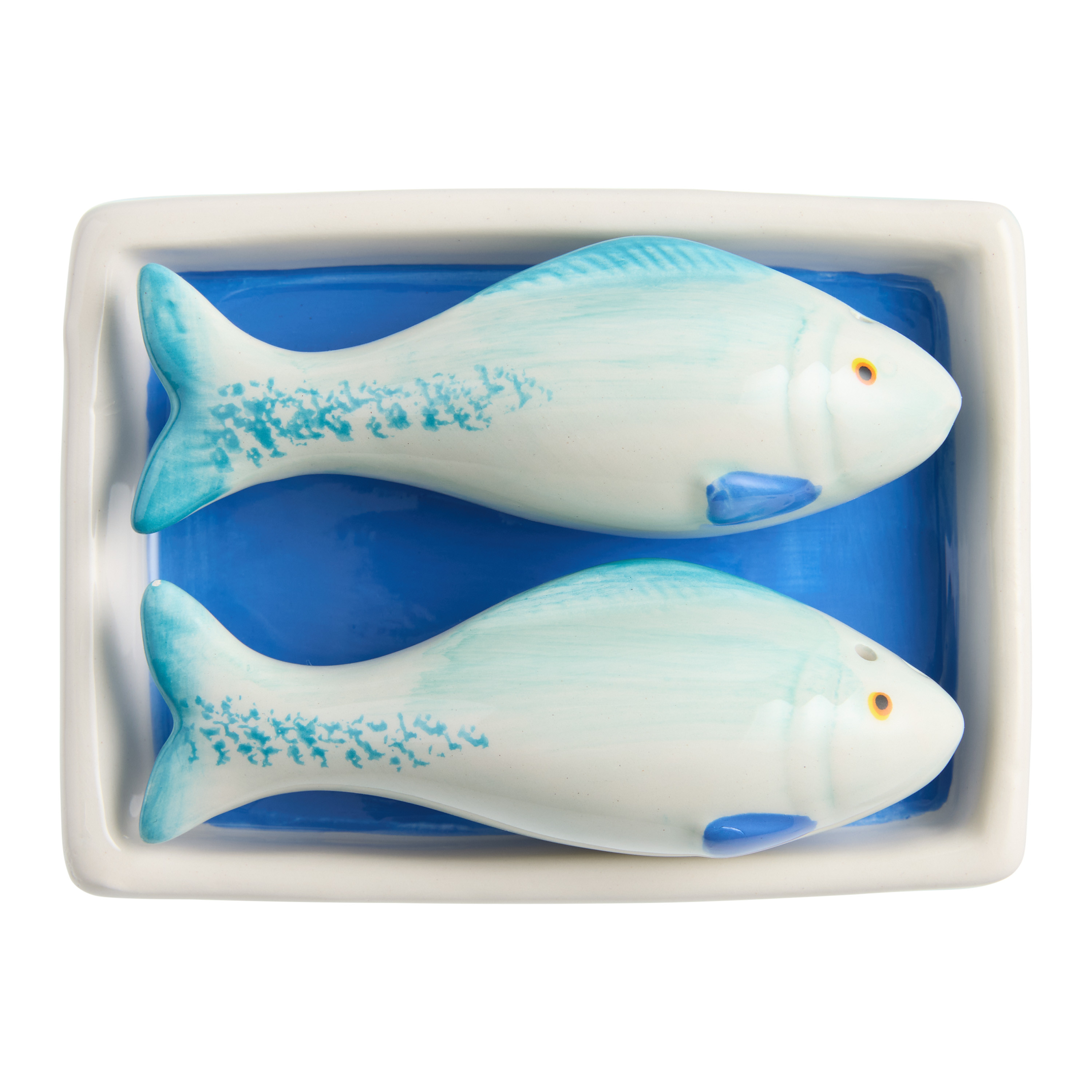 Blue Ceramic Tinned Fish Figural Salt and Pepper Shaker Set | World Market