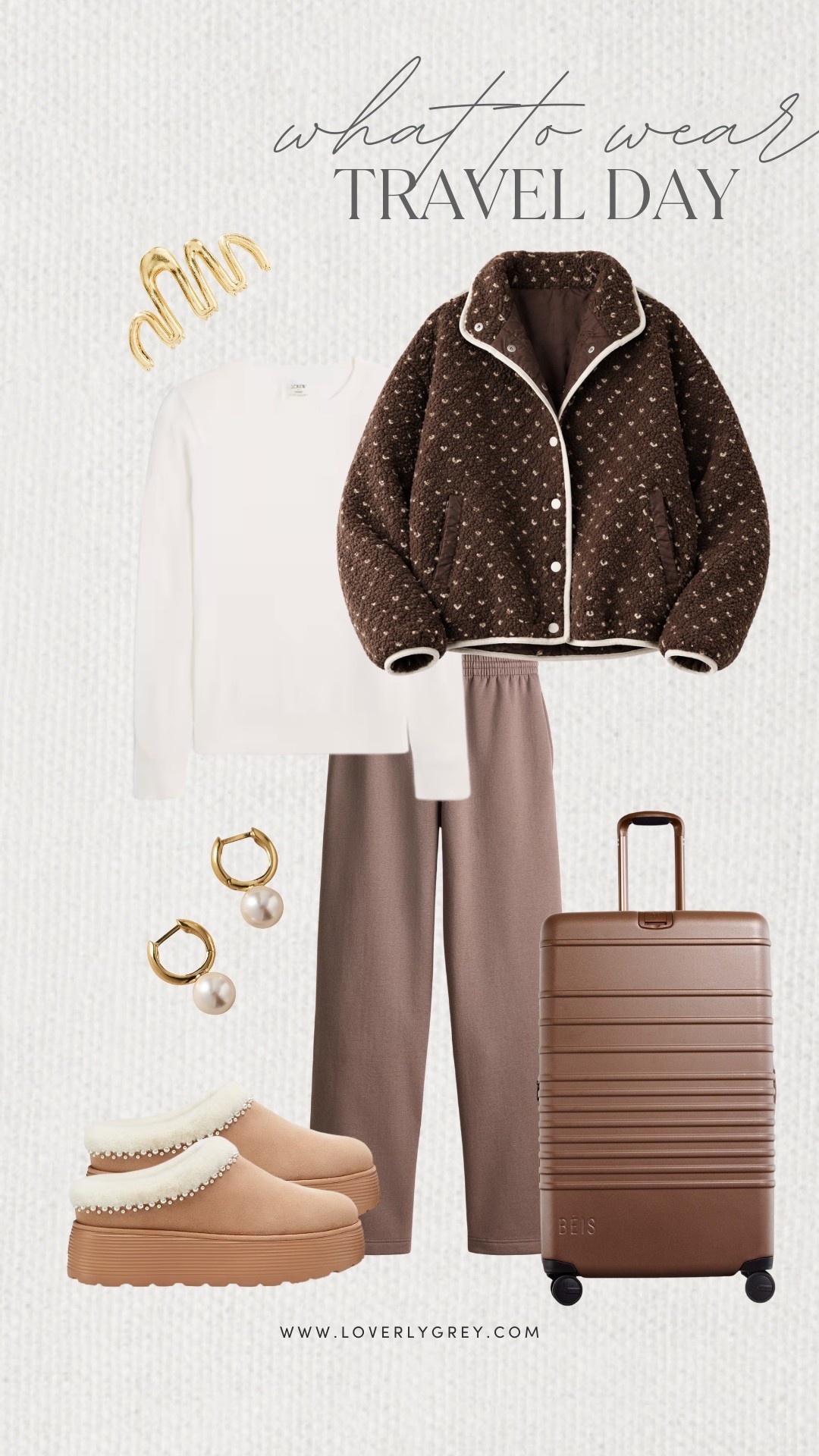 Loverly Grey, what to wear while traveling! A pair of comfortable pants with a white long sleeve top and a Sherpa jacket layered on top! Wear it with small pearl earrings, a pair of slip on shoes, and grab your luggage before heading out the door! Loverly Grey, what to wear, travel day

#LTKOver40 #LTKMidsize #LTKSeasonal