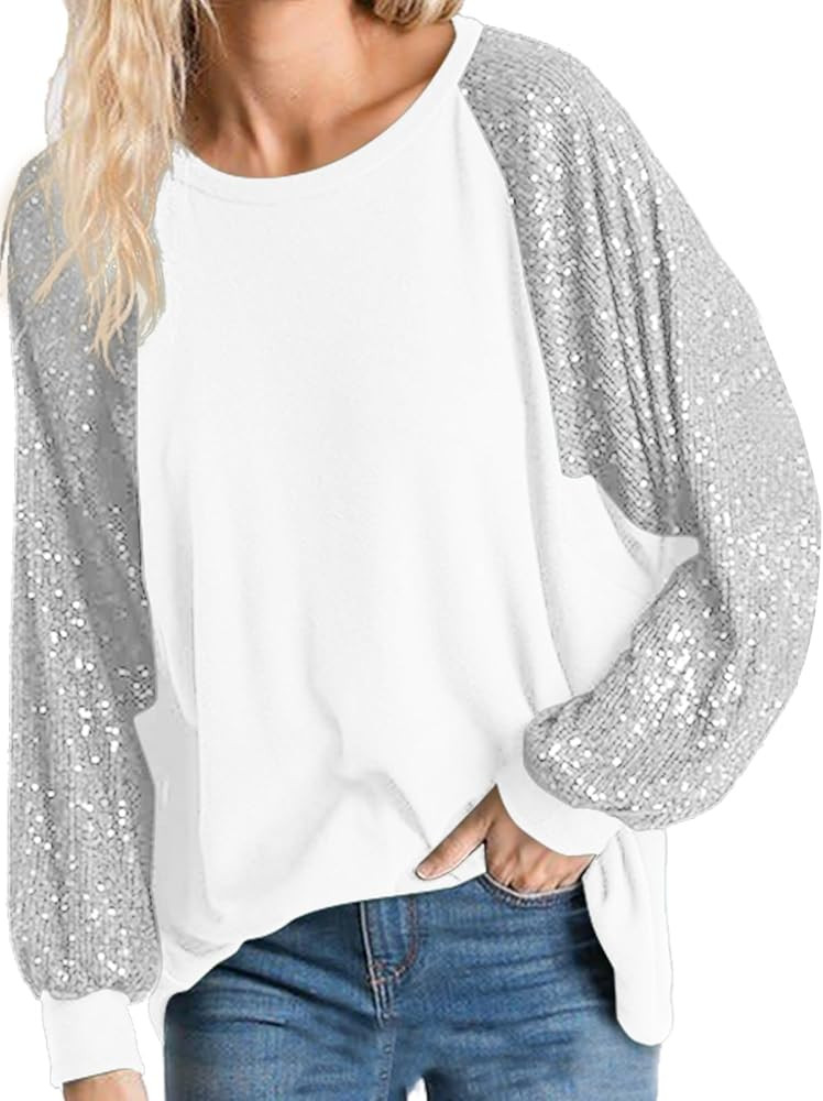 ALLTB Women's Sequin Tops Sparkle Long Sleeve Blouses Shimmer Glitter Sweatshirt Party Crewneck L... | Amazon (US)