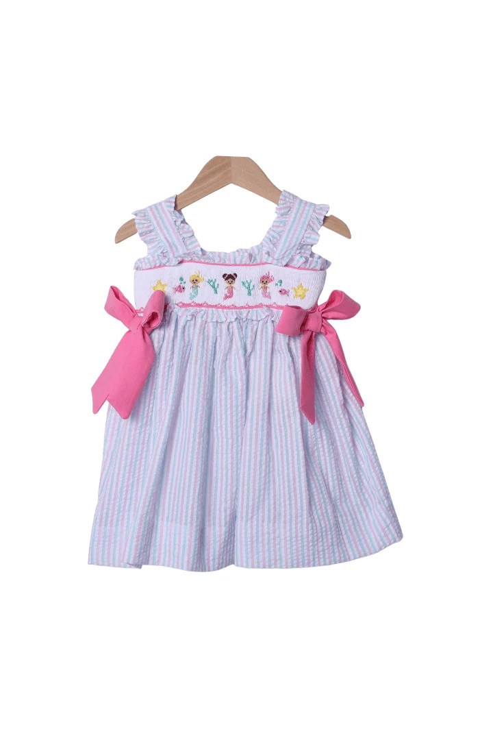 Smocked Mermaid Pink and Mint Seersucker Dress | The Smocked Flamingo