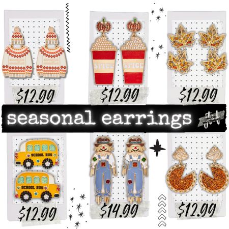 Seasonal earrings, fall, autumn, sweaters, pumpkin spice, leaves, school bus, scarecrow, pumpkin pie 

#LTKSeasonal #LTKstyletip #LTKunder100