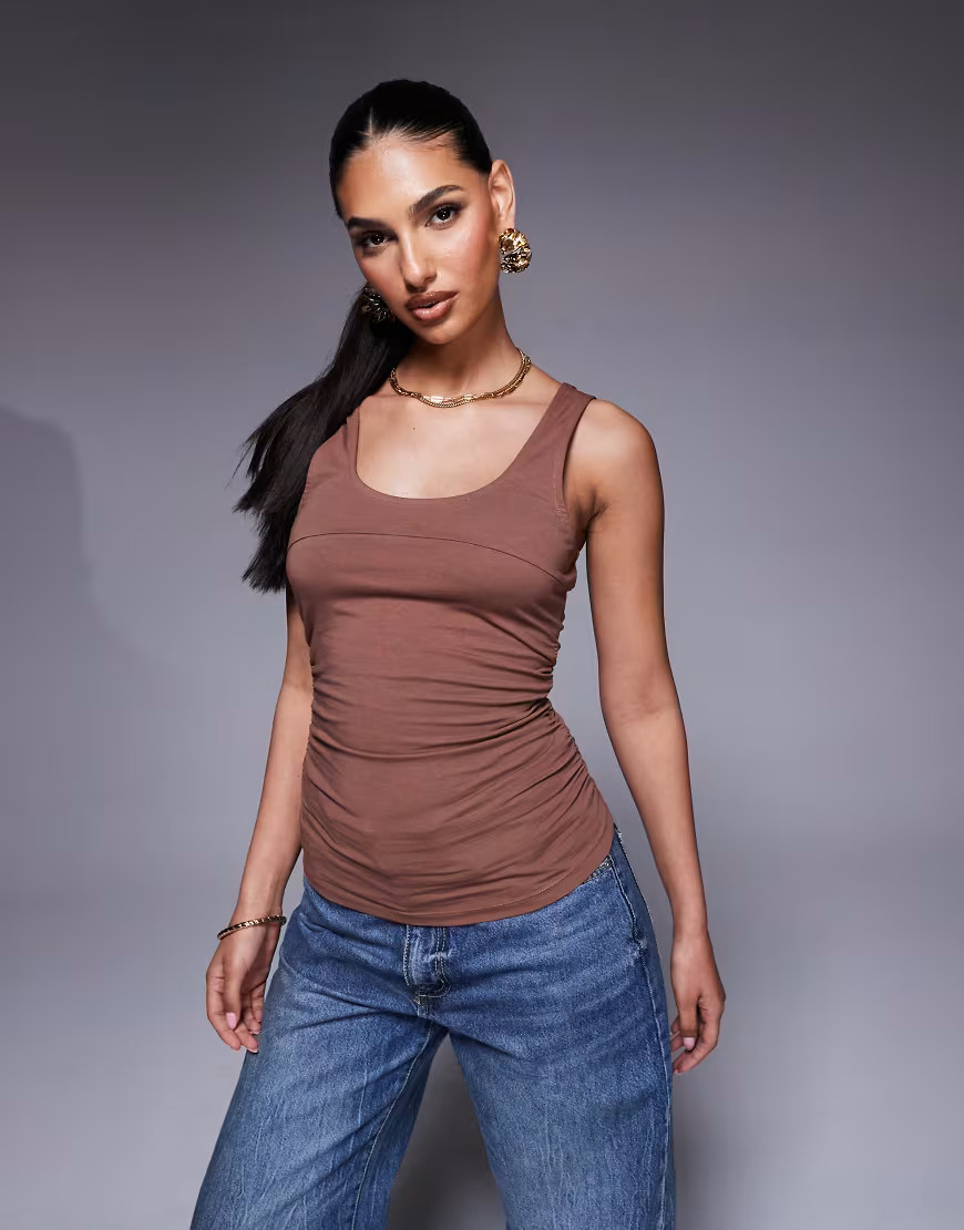 ASOS DESIGN cinched ruched bodice tank top in brown | ASOS (Global)