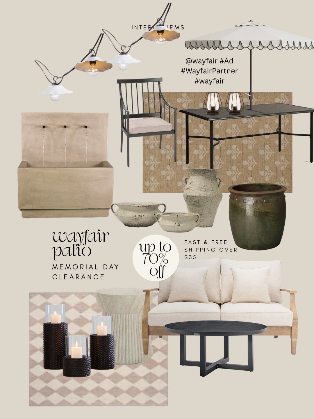 #Ad These are the patio finds making me want to spend every night outside this summer. The scalloped umbrella, lantern string lights, aged pots, and concrete fountain all look so much more expensive than they are and instantly give that collected California casual look I love.

Wayfair’s Memorial Day Clearance is live with up to 70% off + fast and free shipping over $35, and some of these finds are honestly the best prices I’ve seen. I mixed in statement pieces with practical outdoor staples so your patio feels finished without spending designer prices.

The woven rug, black coffee table, and neutral seating are the kind of pieces that make an outdoor space feel custom and pulled together really quickly. A few of these are already selling fast, so I wouldn’t wait too long if something catches your eye.

@wayfair #Wayfair #WayfairPartner

#LTKHome