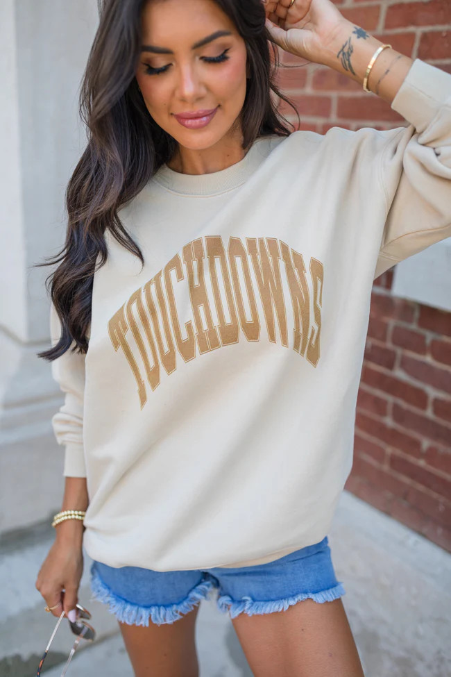 Touchdown Light Tan Oversized Graphic Sweatshirt | Pink Lily