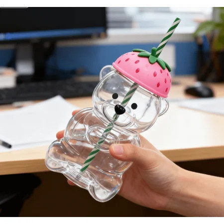 BTIZTLLA 2025 Glass Bear Cup, Honeybear Straw Cup, Glass Cups with Lids and Straws, Cute Mugs Bear Sippy Cups Coffee Beer Wine Cocktail Drinks Glassware 20 oz(strawberry Bear Cup) | Walmart (US)