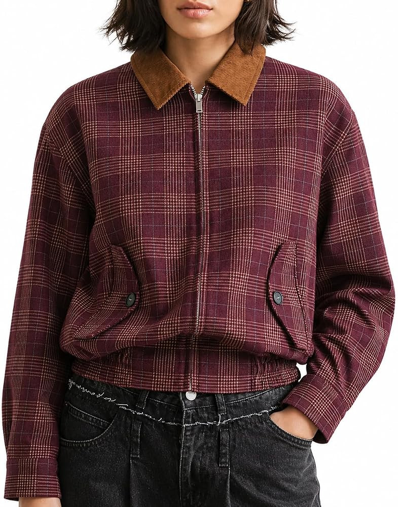 Women's Plaid Cropped Jacket Zip Up Coat with Corduroy Collar | Amazon (US)