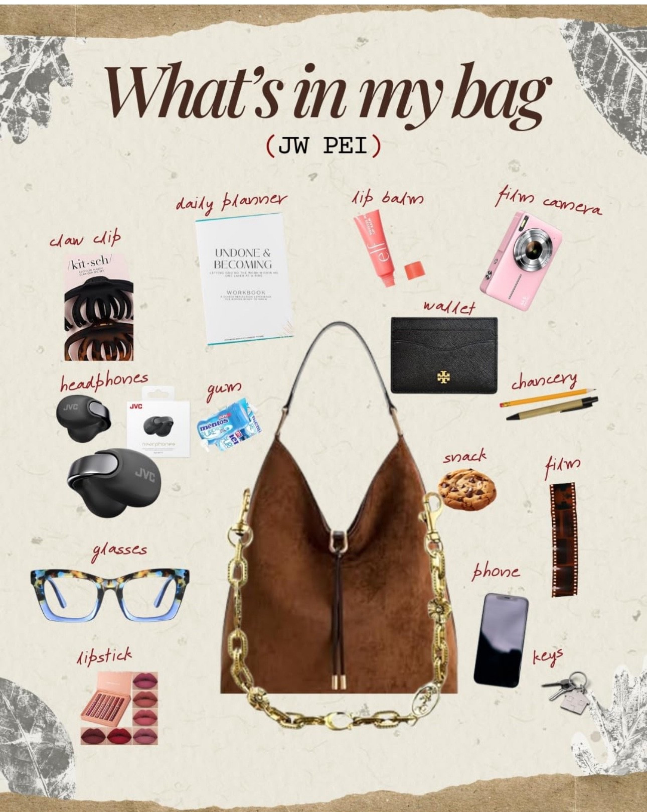 👜 What’s In My Bag – JW PEI Edition 👜
Because a girl’s bag is her survival kit 💖 Here’s everything I keep on deck:

🔑 Keys (because… life 😅)
📱 Phone (always ready for pics + content)
🎧 JVC headphones (block out the noise, vibe in style)
👓 Glasses (fashion + function ✨)
💋 Lipstick + lip balm (never not serving a look 💄)
📓 Daily journal: Undone and Becoming ✨ (a reminder that growth is messy but beautiful 💕)
📷 Film camera + film (because vintage vibes hit different 📸)
🍪 Snack (yes, cookies count as self-care 😌)
💳 Wallet (Tory Burch = timeless chic)
✏️ Stationery (because ideas hit anywhere 📝)
🍬 Gum (fresh + ready 💨)
🤍 A trusty claw clip to pull it all together!

✨ This JW PEI beauty carries my essentials and my confidence. Fashion is in the details, but self-care is in the little things too. ✨

#WhatsInMyBag #JWPEI #CLUVLifestyle #BagEssentials #FashionWithFunction #OOTD #AmazonFinds

#LTKOver40 #LTKBeauty #LTKStyleTip
