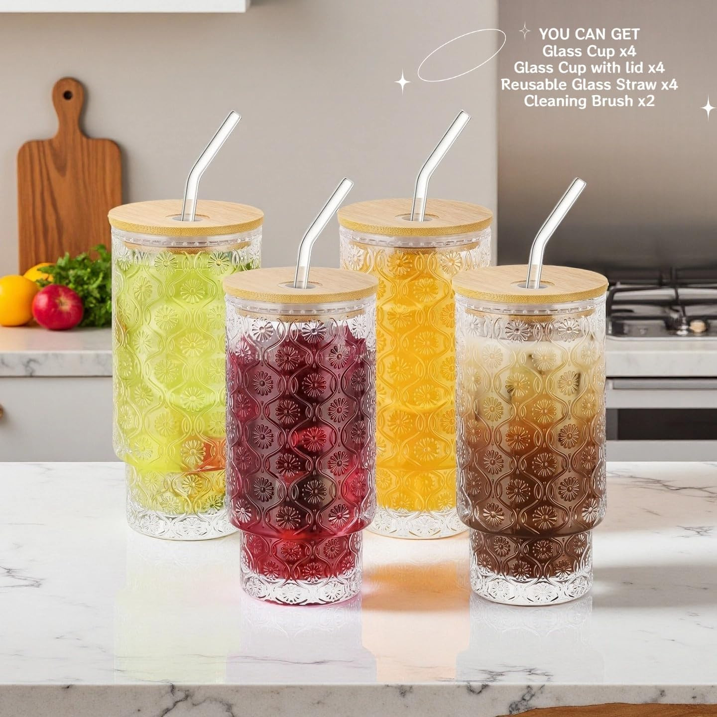 Vintage Glass Cups with Bamboo Lids and Straws–4Sets 11oz Iced Coffee Cups for Women, Aesthetic... | Amazon (US)