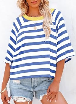 Dokotoo Tops for Women Striped T Shirts Color Block 2026 Summer Basic Tee | Amazon (US)