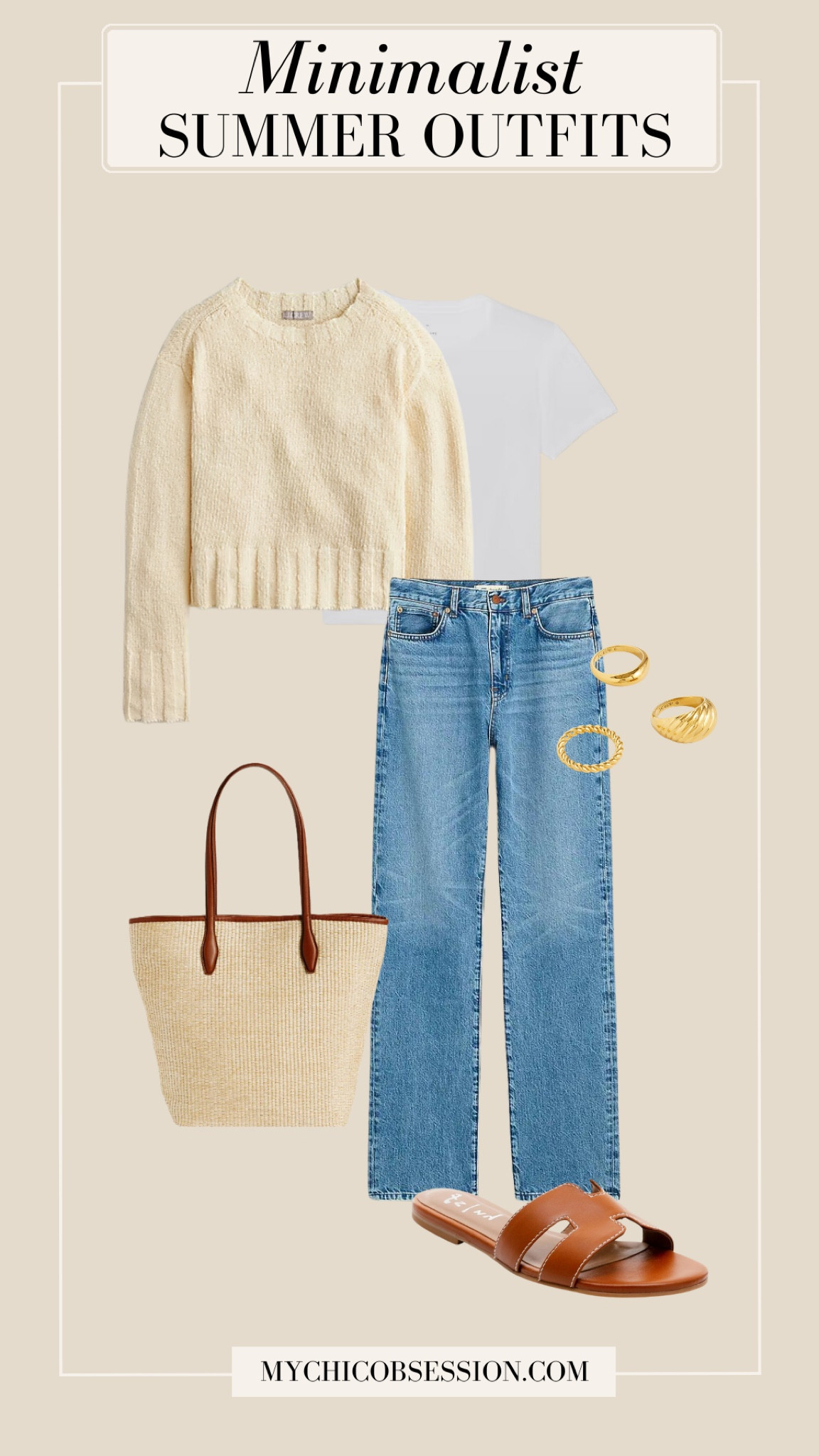 Create a chic look with straight-leg jeans and a white tee. Accessorize with a summer sweater tied over your shoulders, gold rings, a woven tote bag, and Tuckernuck sandals.

#LTKstyletip #LTKSeasonal